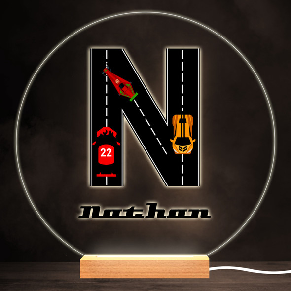 Road Racing Cars Letter N Colourful Round Personalised Gift LED Lamp Night Light