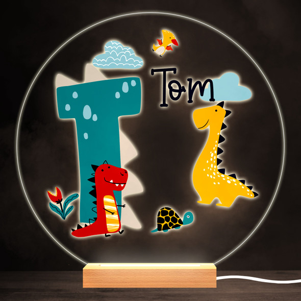 Dinosaur Alphabet Letter T Colourful Round Personalised Gift Lamp Night Light