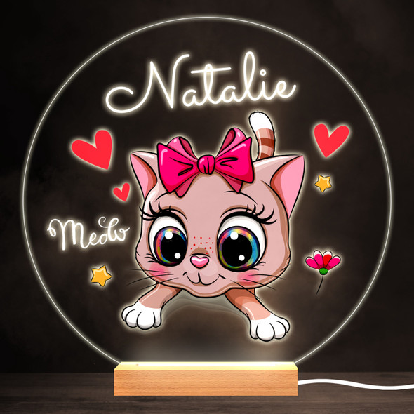 Cute Kitten Pink Bow Colourful Round Personalised Gift LED Lamp Night Light