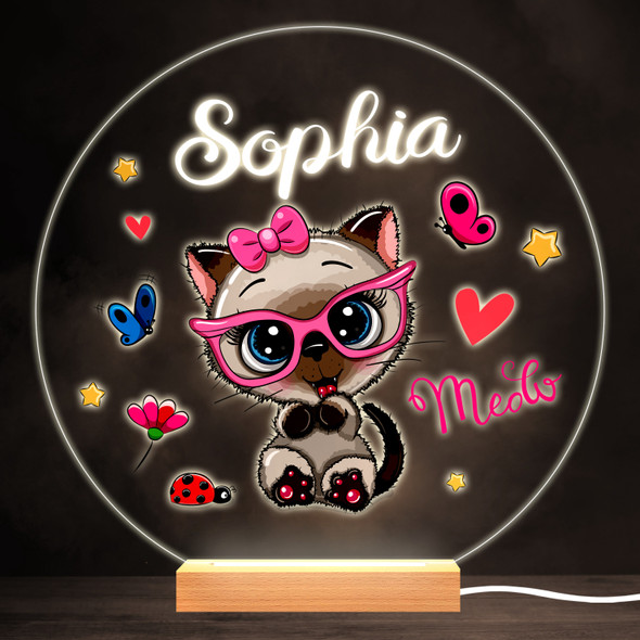 Cute Kitten Pink Glasses Colourful Round Personalised Gift LED Lamp Night Light