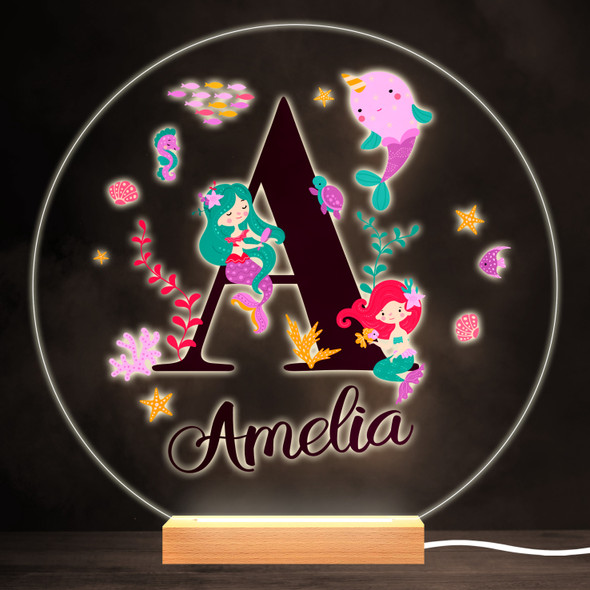 Sealife With Mermaids Alphabet Letter A Round Personalised Gift Lamp Night Light