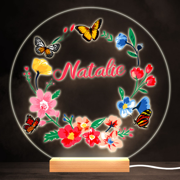Butterflies Floral Wreath Colourful Round Personalised Gift LED Lamp Night Light