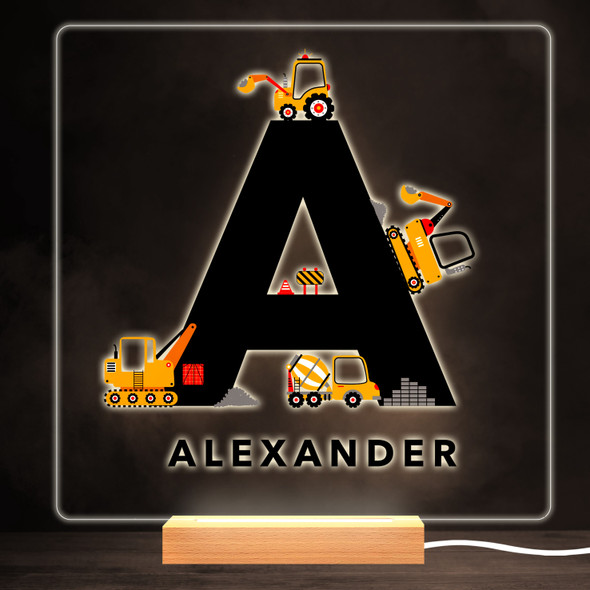 Construction Vehicles Alphabet Letter A Square Personalised Gift Night Light