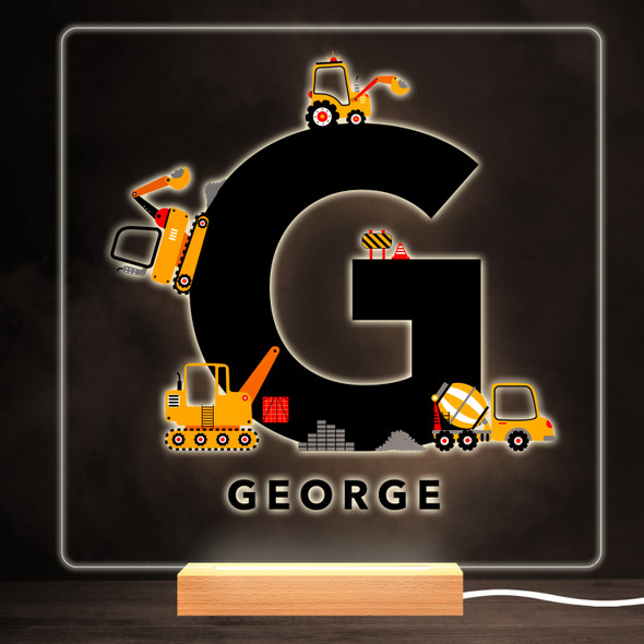 Construction Vehicles Alphabet Letter G Square Personalised Gift Night Light
