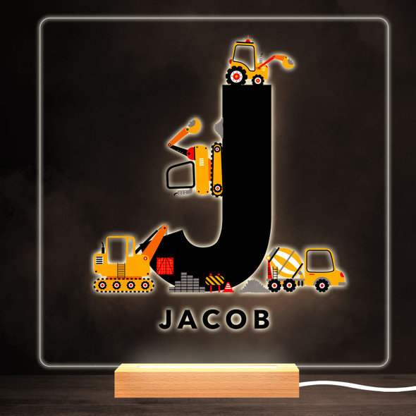 Construction Vehicles Alphabet Letter J Square Personalised Gift Night Light