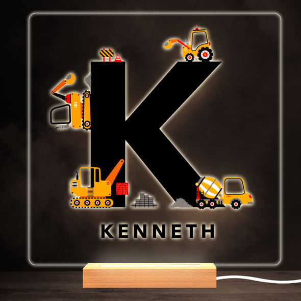 Construction Vehicles Alphabet Letter K Square Personalised Gift Night Light