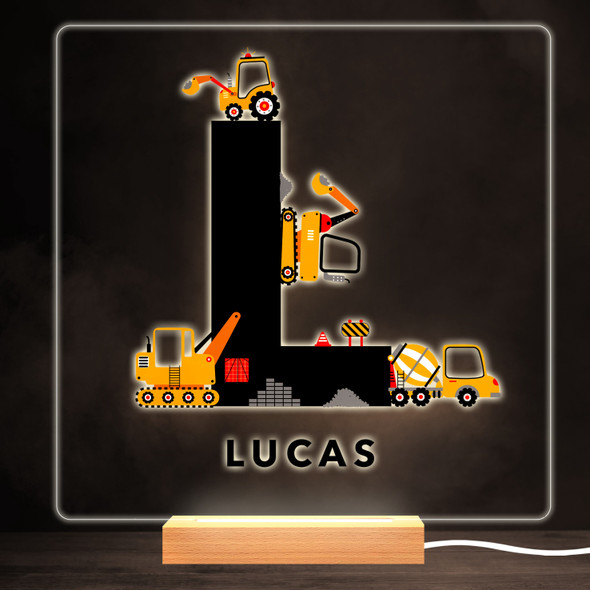 Construction Vehicles Alphabet Letter L Square Personalised Gift Night Light