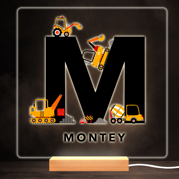 Construction Vehicles Alphabet Letter M Square Personalised Gift Night Light