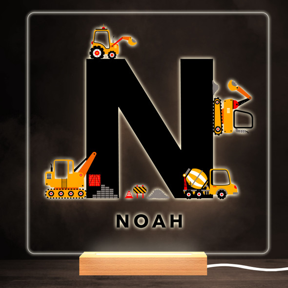 Construction Vehicles Alphabet Letter N Square Personalised Gift Night Light