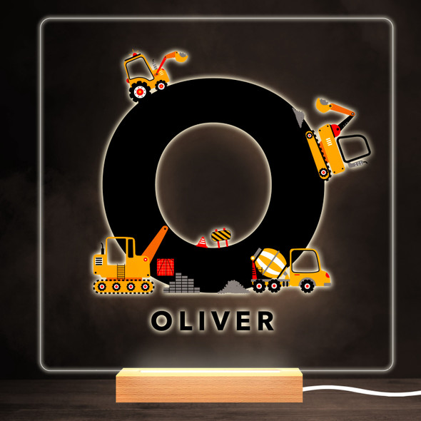 Construction Vehicles Alphabet Letter O Square Personalised Gift Night Light