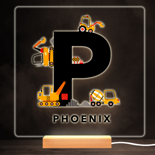 Construction Vehicles Alphabet Letter P Square Personalised Gift Night Light