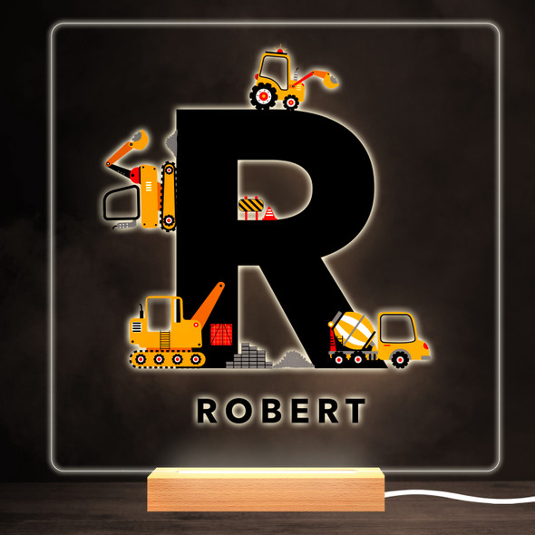 Construction Vehicles Alphabet Letter R Square Personalised Gift Night Light