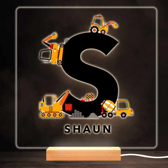 Construction Vehicles Alphabet Letter S Square Personalised Gift Night Light