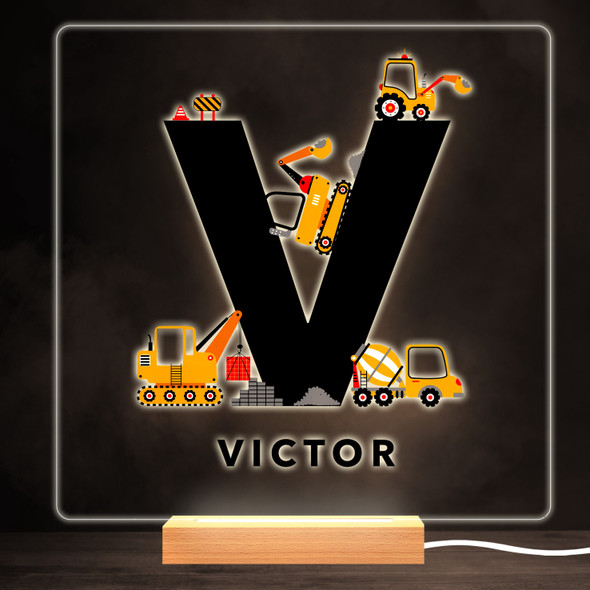 Construction Vehicles Alphabet Letter V Square Personalised Gift Night Light