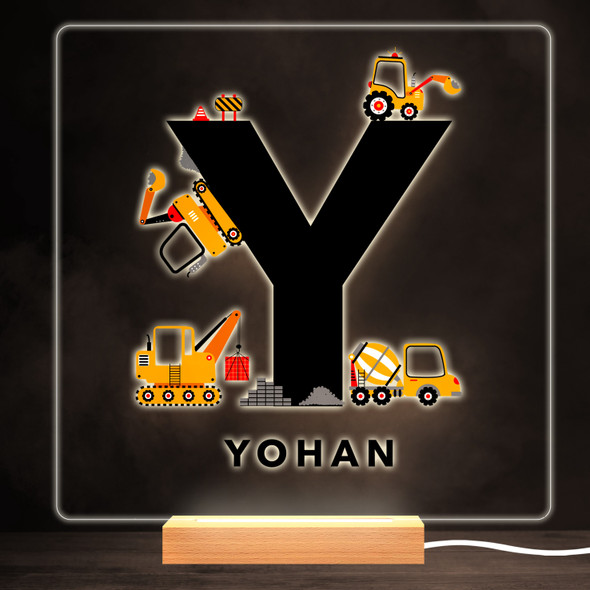 Construction Vehicles Alphabet Letter Y Square Personalised Gift Night Light