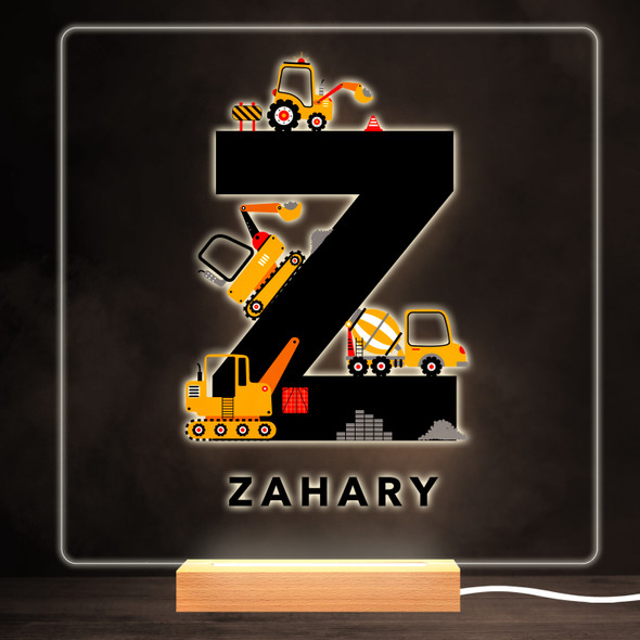 Construction Vehicles Alphabet Letter Z Square Personalised Gift Night Light