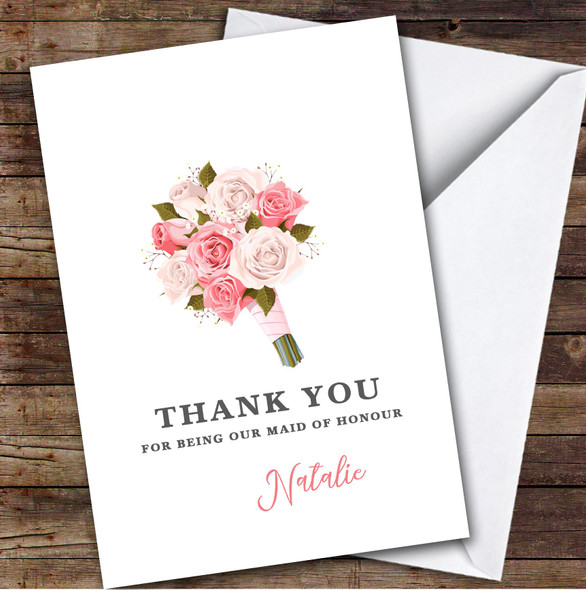 Wedding Pink Bouquet Thank You Maid Of Honour Personalised Greetings Card