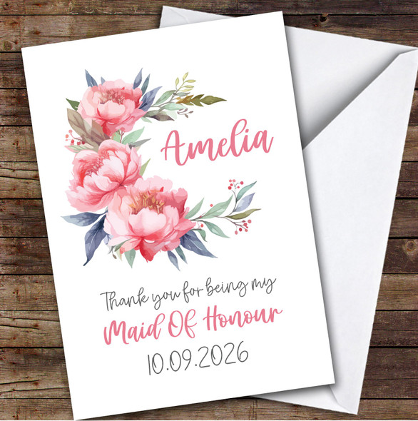 Thank You Maid Of Honour Pink Flowers Floral Personalised Greetings Card