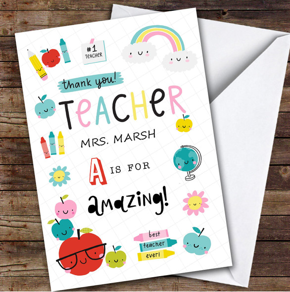 Thank You Teacher Fun Crayons Rainbow Personalised Greetings Card