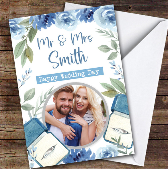 Happy Wedding Day Blue Flowers Ring Photo Personalised Greetings Card