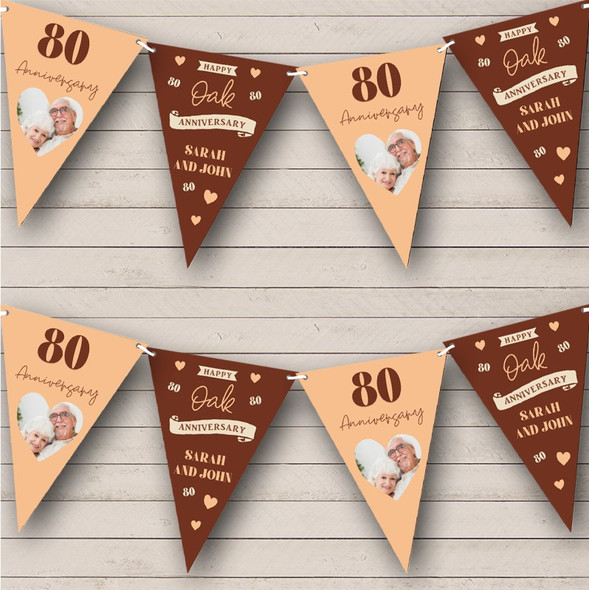 80th Wedding Anniversary Oak Photo Heart Couple Personalised Banner Bunting
