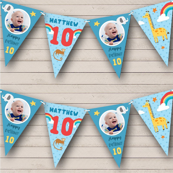 10th Birthday Boy Baby Animals Zoo Photo Blue Any Age Personalised Bunting