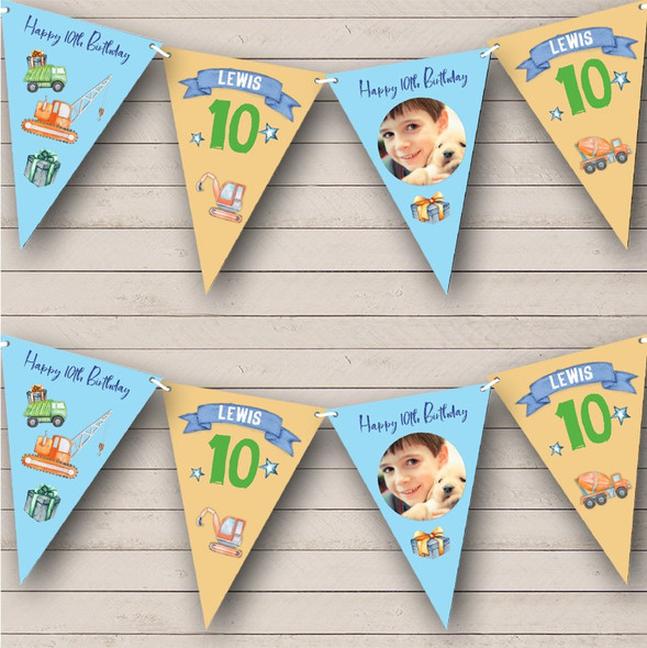 10th Birthday Boy Cars Trucks Toys Orange Photo Any Age Personalised Bunting