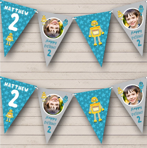 2nd Birthday Boy Robot Photo Blue Stars Any Age Personalised Banner Bunting