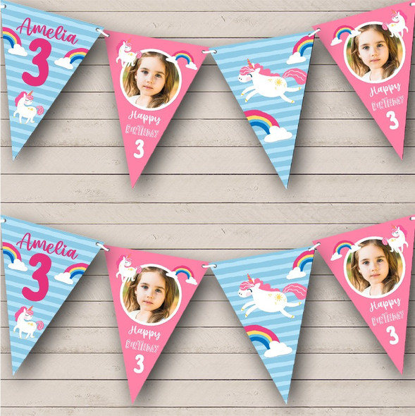 3rd Birthday Girl Kids Unicorn Rainbow Pink Photo Any Age Personalised Bunting