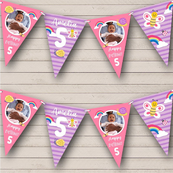 5th Birthday Girl Butterfly Snail Rainbow Photo Any Age Personalised Bunting