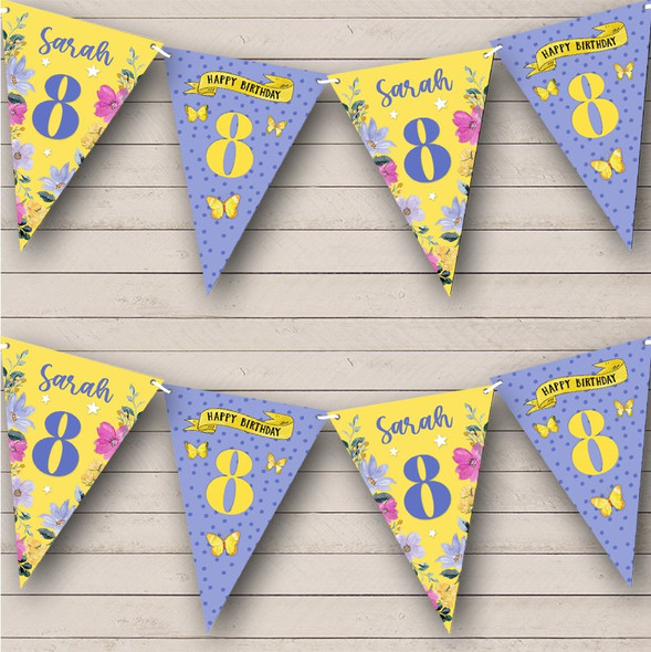 8th Birthday Girl Pretty Flowers Purple Yellow Any Age Personalised Bunting