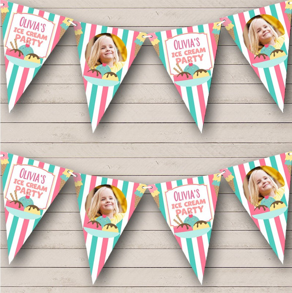 Ice Cream Birthday Pastel Party Stripes Photo Personalised Party Banner Bunting