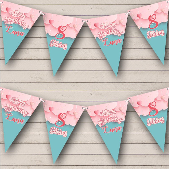 Kid's Birthday Blue Age Pink Clouds Personalised Party Banner Bunting