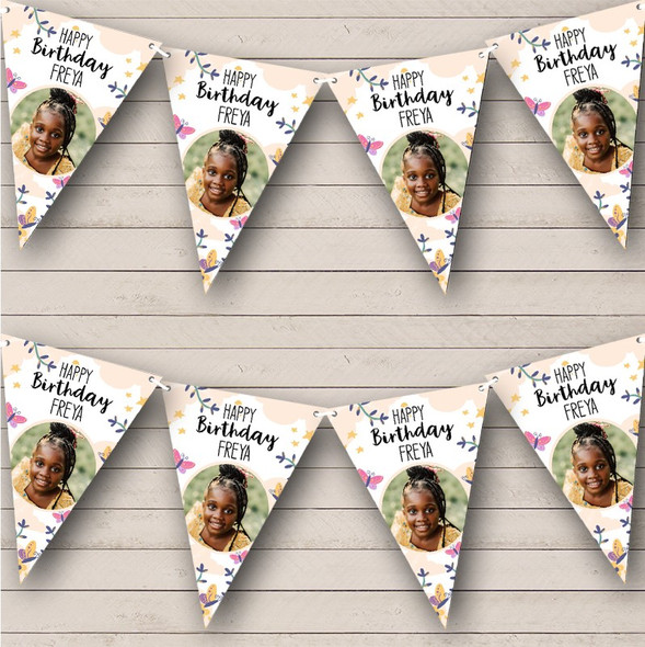 Pink Purple Butterfly Cute Birthday Photo Personalised Party Banner Bunting