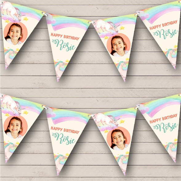 Pink Rainbow Unicorn Birthday Photo Personalised Party Banner Bunting