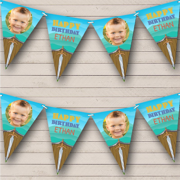 Sword Shield Knight Warrior Boys Birthday Photo Personalised Banner Bunting