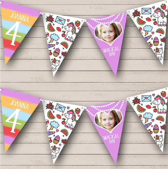 Unicorn Fun Kids Icons Photo Age Birthday Personalised Party Banner Bunting