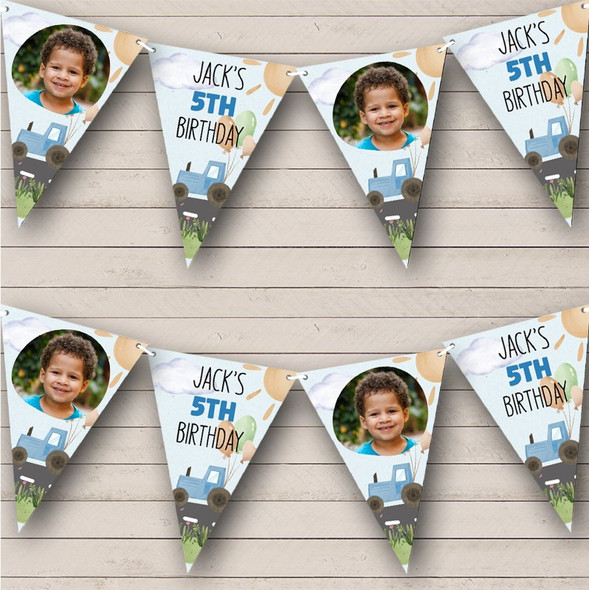 Watercolour Blue Tractor Balloon Birthday Photo Personalised Banner Bunting