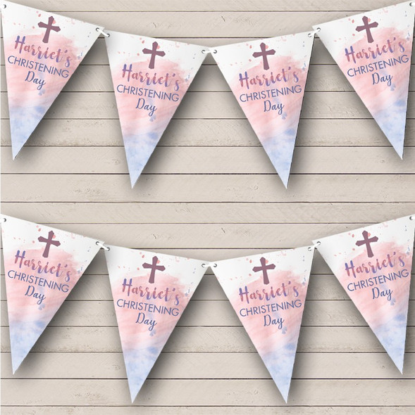 Pink Purple Watercolour Cross Christening Day Personalised Party Banner Bunting