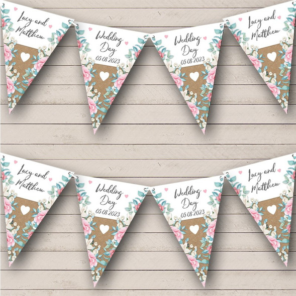 Wedding Day Pink Blue Flowers Kraft Personalised Party Banner Bunting