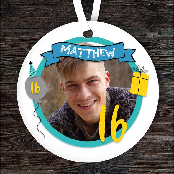 16th Birthday Photo Blue Round Personalised Gift Keepsake Hanging Ornament