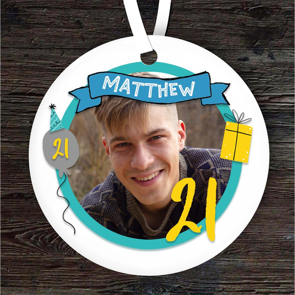 21st Birthday Photo Blue Round Personalised Gift Keepsake Hanging Ornament