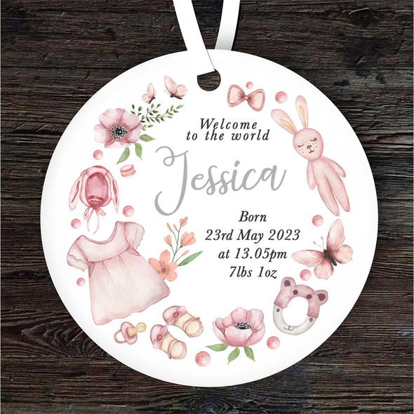Welcome New Baby Girl Pink Items Wreath Round Personalised Gift Hanging Ornament
