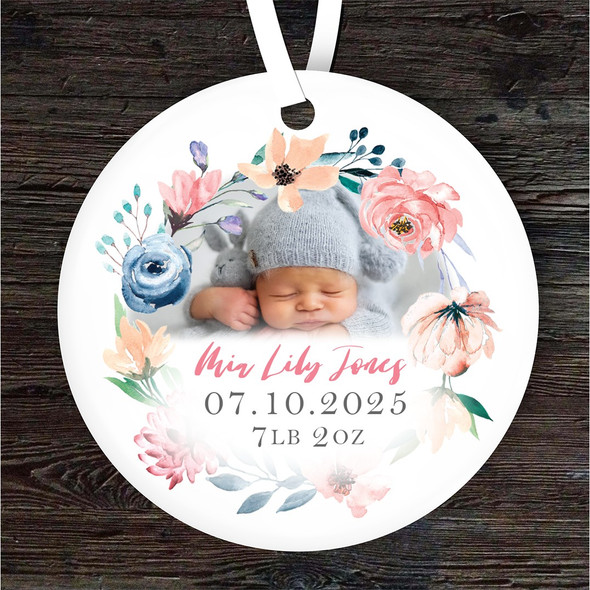 New Baby Girl Pink Blue Wreath Photo Personalised Gift Keepsake Hanging Ornament