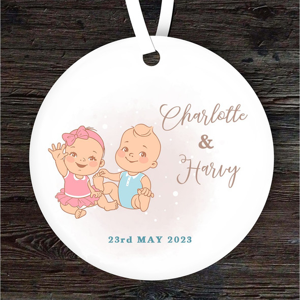 New Baby Girl & Boy Light Skin Twins Personalised Gift Keepsake Hanging Ornament