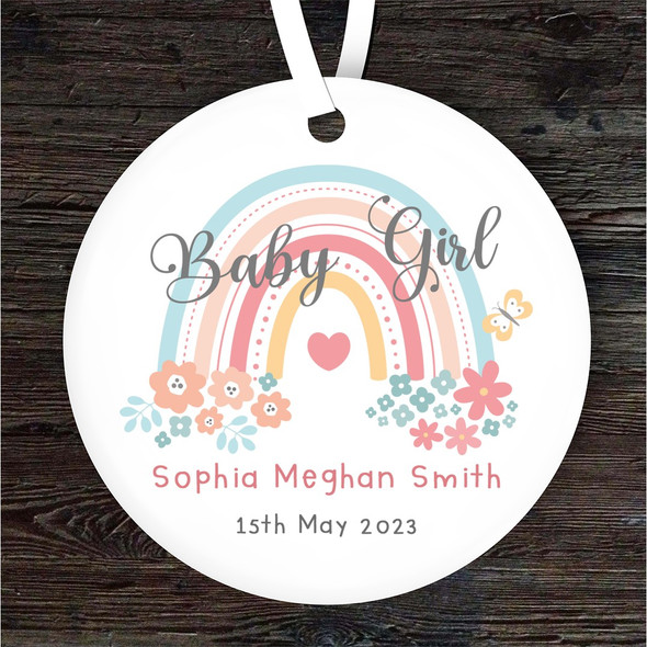New Baby Girl Pastel Rainbow Flowers Personalised Gift Keepsake Hanging Ornament