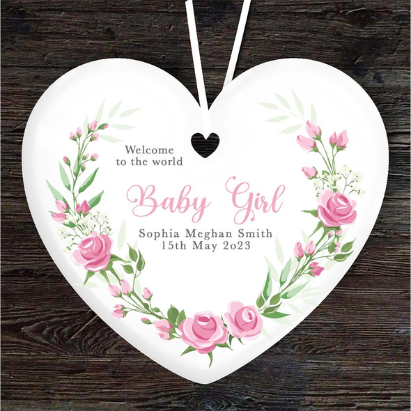 New Baby Girl Pink Rose Wreath Heart Personalised Gift Keepsake Hanging Ornament