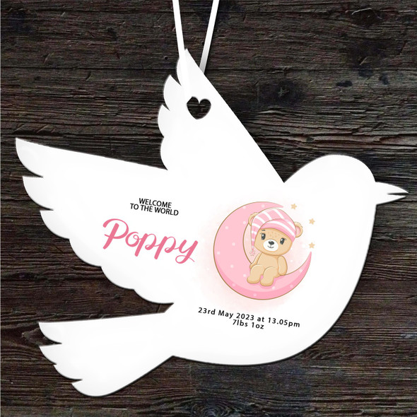 Welcome New Baby Girl Pink Bear Bird Personalised Gift Keepsake Hanging Ornament