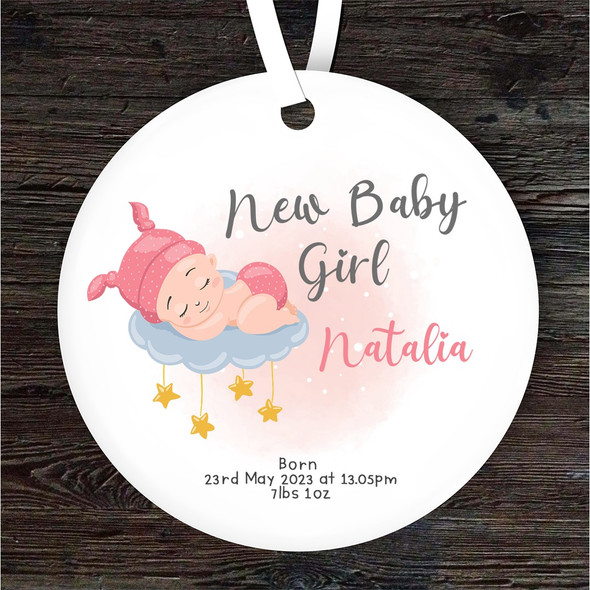 New Baby Girl Cloud With Stars Round Personalised Gift Keepsake Hanging Ornament