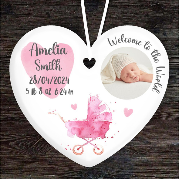 New Baby Girl Info Photo Daughter Pink Heart Personalised Gift Hanging Ornament